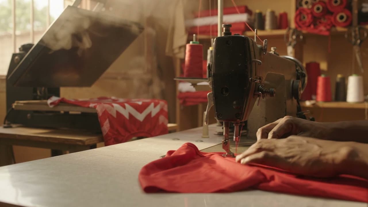 Machine à coudre et tissu rouge dans l'atelier D2 Sport