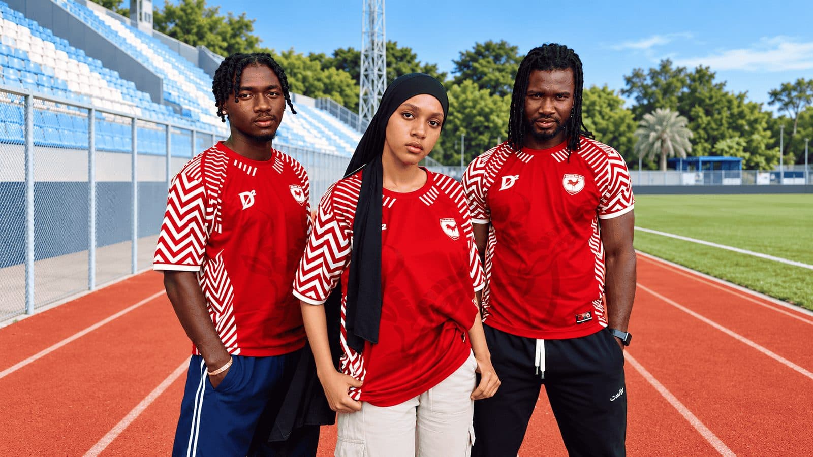 Trois joueurs en maillots rouges D2 Sport sur la piste d'un stade